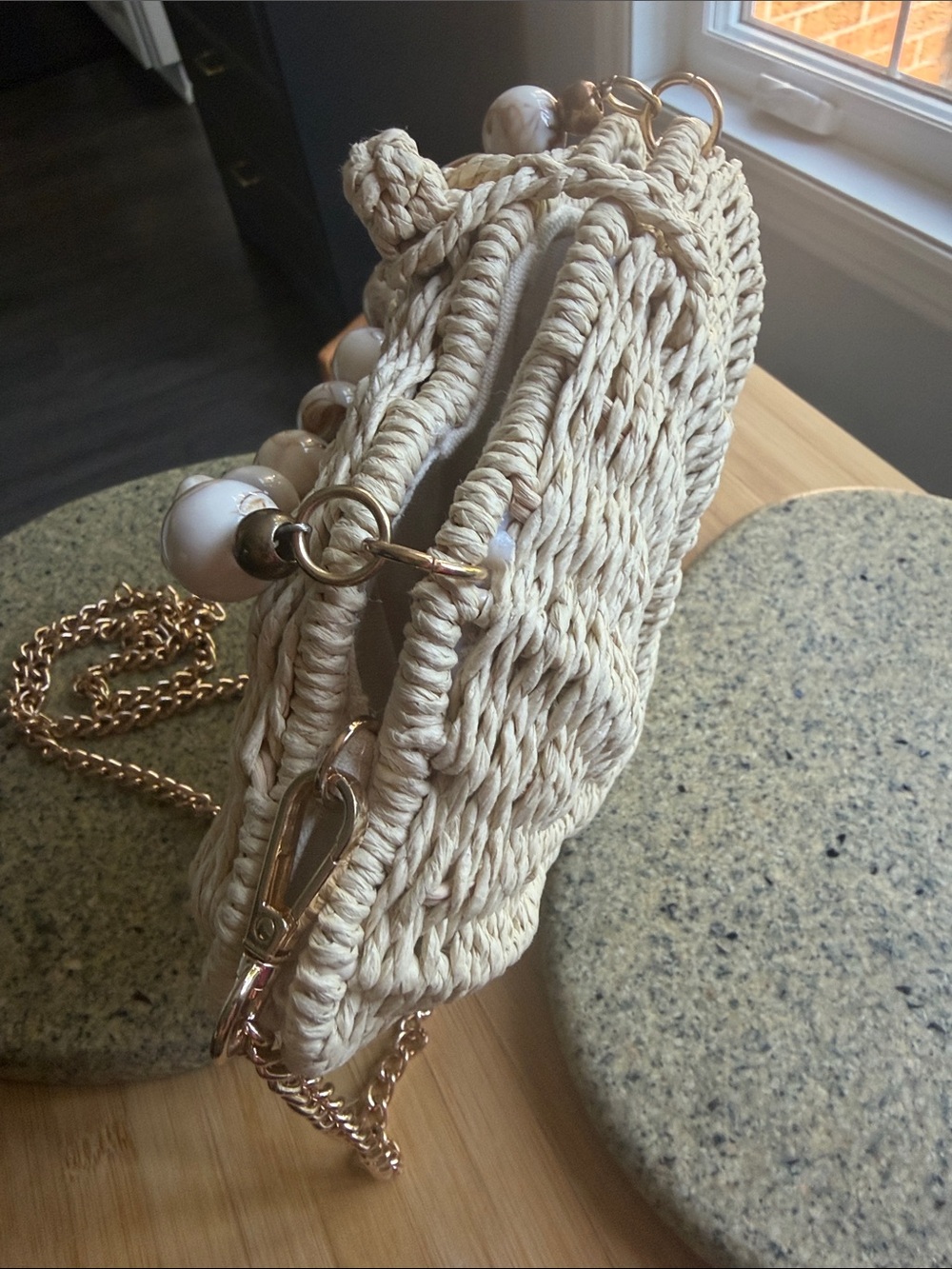 Woven Wicker Shell Crossbody Bag in Natural with Gold Chain - Picture 5 of 8